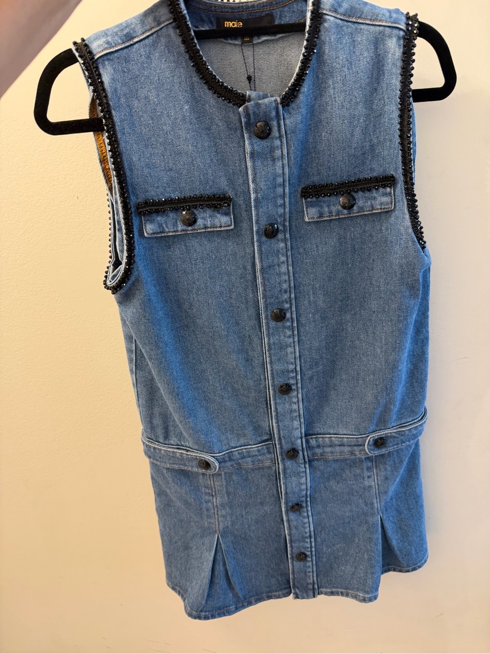 Maje Denim Sleeveless mini dresses with Black Beaded Trim